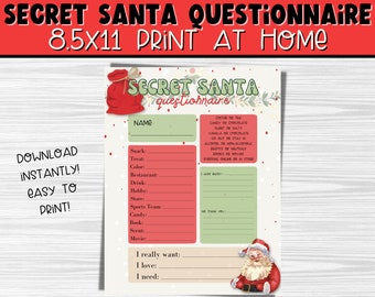 May include: Printable Secret Santa questionnaire with a red bag and Santa Claus illustration. The questionnaire asks for the recipient's favorite snack, treat, color, restaurant, drink, hobby, store, sports team, candy, book, scent, and movie. It also asks for things they really want, love, and need.