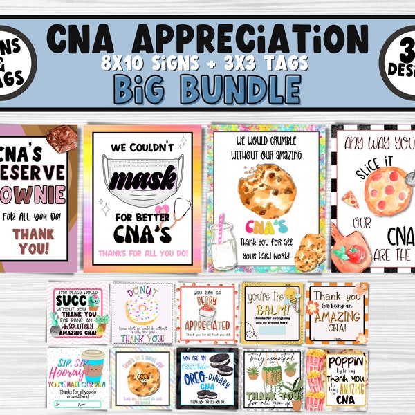 Certified Nurses Assistant Appreciation Week | CNA's Printable Appreciation Signs & Gift Tags | Medical Staff Thank You Bulk Gift Idea