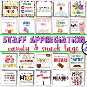 CANDY and SNACK Tags Staff Appreciation Bundle | 2.5&quot;x2.5&quot; Printable DIY Bulk Gift Ideas | Gift Tags for Teacher and Nurse Appreciation