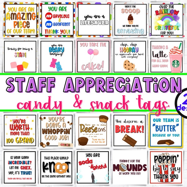 CANDY and SNACK Tags Staff Appreciation Bundle | 2.5"x2.5" Printable DIY Bulk Gift Ideas | Gift Tags for Teacher and Nurse Appreciation