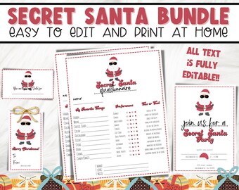 May include: A printable Secret Santa bundle with editable text. The bundle includes a questionnaire, a gift tag, a name tag, and an invitation. The design features a cartoon Santa Claus with sunglasses.