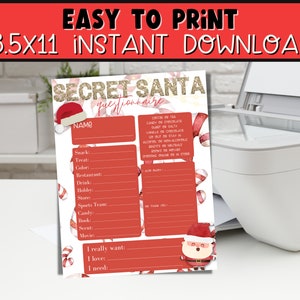 May include: Printable Secret Santa questionnaire with a red and white candy cane design. The questionnaire asks for information about the person's favorite snack, treat, color, restaurant, drink, hobby, store, sports team, candy, book, scent, movie, and what they really want, love, and need.