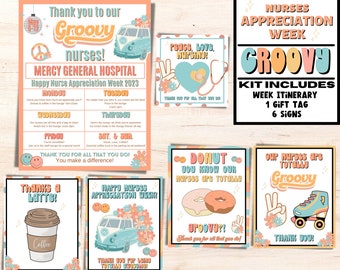 Puede incluir: Un conjunto de carteles imprimibles para la Semana de Apreciación de las Enfermeras con un tema groovy de los años 70. Los carteles presentan una variedad de diseños, incluyendo un signo de paz, una dona, un patín y una taza de café. El texto en los carteles incluye frases como "Groovy Nurses!" y "Donut you know our nurses are totally groovy!"