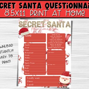 May include: A printable Secret Santa questionnaire with a red and white candy cane pattern. The questionnaire asks for the recipient's name, favorite snack, treat, color, restaurant, drink, hobby, store, sports team, candy, book, scent, movie, and what they really want, love, and need.