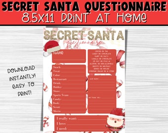 May include: A printable Secret Santa questionnaire with a red and white candy cane pattern. The questionnaire asks for the recipient's name, favorite snack, treat, color, restaurant, drink, hobby, store, sports team, candy, book, scent, movie, and what they really want, love, and need.