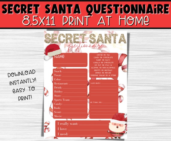Secret Santa Questionnaire Printable | Secret Santa Form | Secret Santa for Work | Secret Santa Printable | Secret Santa Wish List Printable