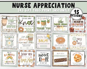 May include: Fifteen printable gift tags designed for nurses. The tags feature a variety of designs with cute illustrations and text such as "You are a tea-riffic nurse!" and "You're the balm!"