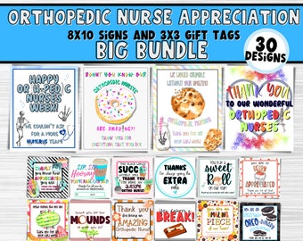 May include: A digital printable bundle of 30 orthopedic nurse appreciation signs and gift tags. The signs and tags feature a variety of colorful designs with fun and encouraging messages. The designs include donuts, cookies, watermelon, and other sweet treats.