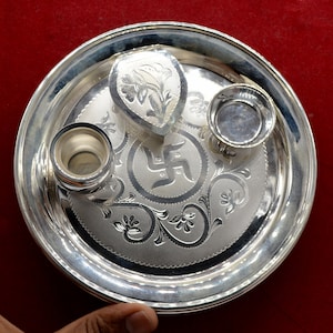 Handmade Sterling Silver Puja Thali Plate Set: Home Temple Decor