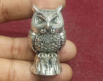 Handmade 925 Silver Owl Statue, Sterling Silver Owl Figurine – Wisdom Symbol, Lucky Owl Gift, Home Decor, Desk Ornament