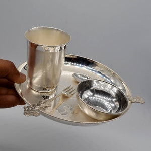 925 Pure Silver Handmade Dinner Set, Silver Plate, Bowl, Glass & Spoon, Silver Baby Dining Set, Silverware Utensils Gift