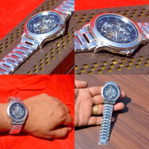 925 Sterling Silver Automatic Men&#39;s Round Watch Unique Link Bracelet, Sterling Silver Watch Black Face, Stylish Watch, Working Watch