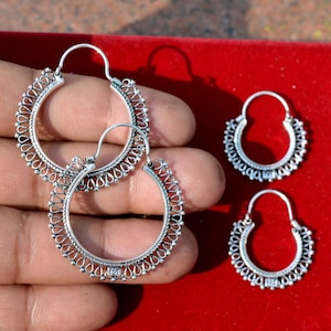 Vintage antique design handmade 925 sterling silver gorgeous hoops boho earrings bali, tribal Banjara jewellry.