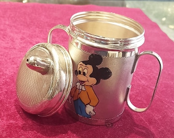 Sterling Silver Mickey Mouse Baby Mug: Handmade 925 Silver Cup with Lid