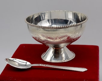 925 Sterling Silver Kids Bowl Spoon Set, Handcrafted Floral Embossed Silver Katori, Traditional Indian Newborn Gift, Baby Annaprashan Gift.
