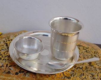 Sterling Silver Baby Feeding Set with Thali Glass Katori Spoon, Baby Annaprashan Gift, Traditional Indian Newborn Gift, Heirloom Keepsake