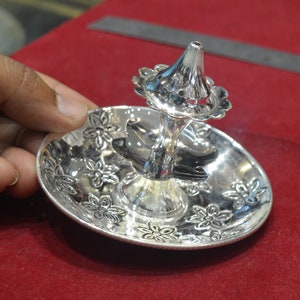 Silver Agarbatti stand with round plate  deign silver gift items silver pooja items for home, return gift for Navratri, and housewarming