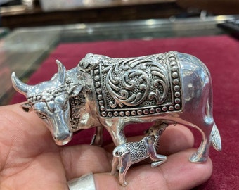 925 Sterling Silver Cow with Calf Idol / Silver Kamdhenu Cow and Calf