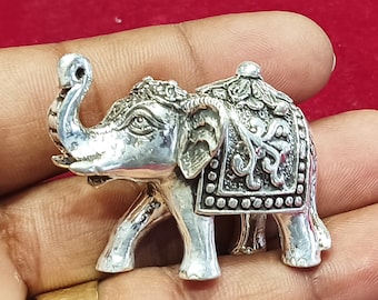 Sterling Silver Elephant Statue: Handmade Puja Figurine, Gift for Wealth