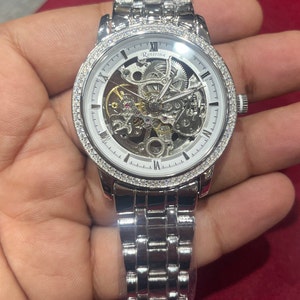 Silver Automatic Men&#39;s Round Watch With Cubic Zirconia Unique Link Bracelet, Boyfriend Gift For Men, Gift for Dad, Anniversary Gift for Him