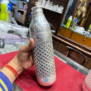 925 Sterling Silver Personalized Water Bottle In Temple Design Carvings Designer, Pure Silver Handmade Water Bottle, Silver Utensils gift.