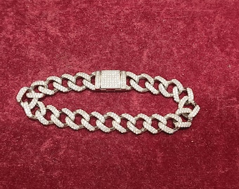 Chunky 925 Sterling Silver Curb Link Bracelet with White Zirconia