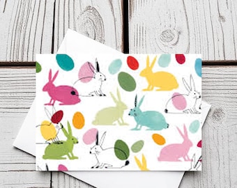 Set di 5 biglietti d'auguri con conigli e uova in stile vintage.