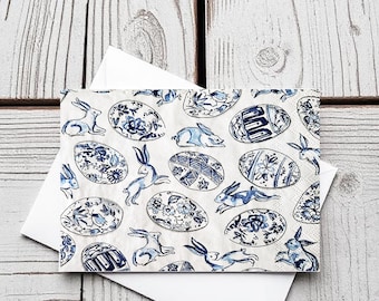 Coniglietti e uova in blu - set di 5 biglietti d'auguri