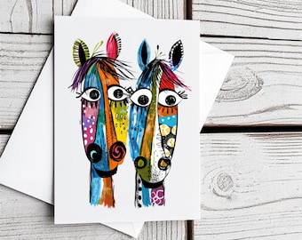 Set di 2 biglietti da visita con 2 cavalli colorati e cartoni animati