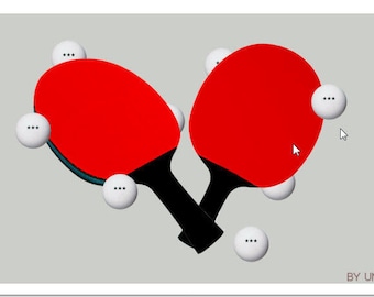 Op de afbeelding: Twee rode pingpongbatjes gekruist met witte pingpongballen eromheen. De batjes hebben zwarte handvatten.