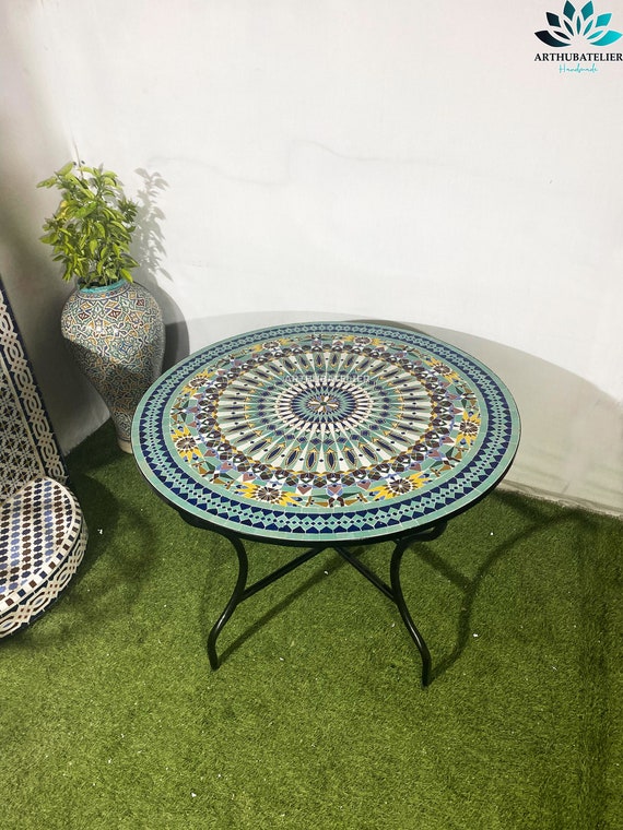 Mosaic Table for Outdoor Indoor Round 40 Inches Unique Mandala