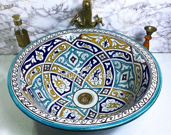 Round Ceramic Washbasin, Bathroom sink Built with mid-century modern styling, vessel ceramic sink hand painted