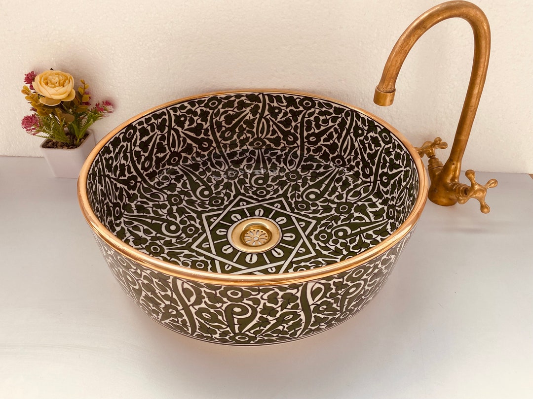 Emerald Green Bathroom Vessel Sink 14k Gold Rimmed Washbasin Mid ...