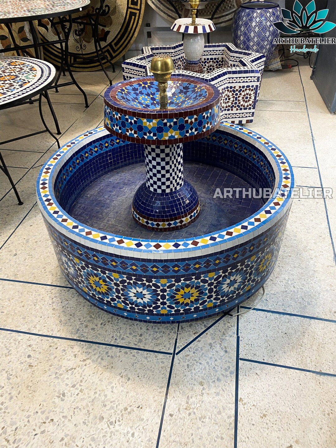 Moroccan Water Fountain Made From Mosaic Tiles, Mosaic Water Fountain