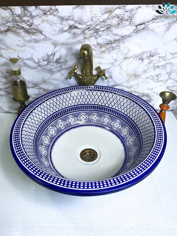 COSTUMOZABLE Blue and White Round Ceramic Vesselsink Bathroom -  Denmark
