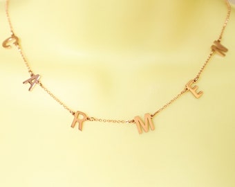 Collier rose de lettre d’or, rose or collier initial argent rose