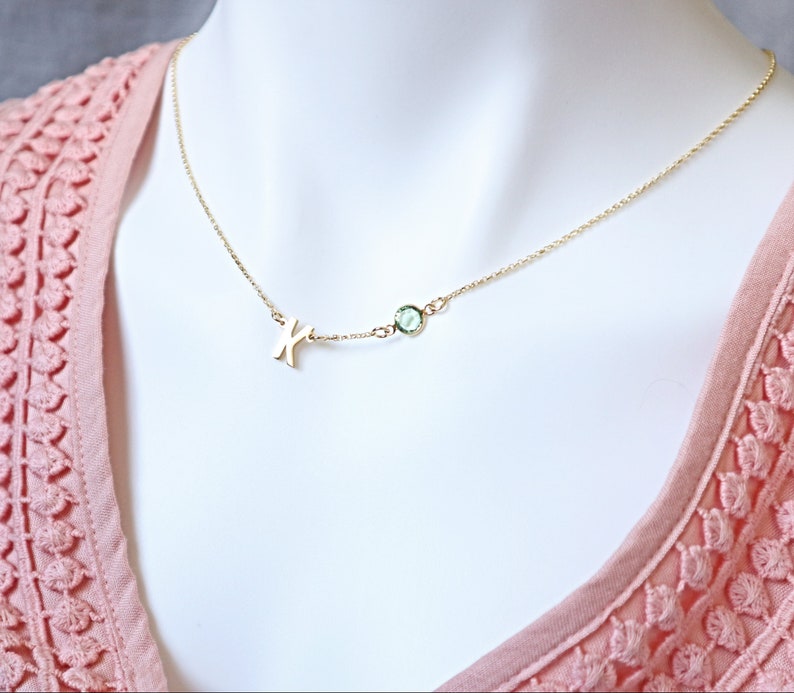 Birthstone Initial Necklace, Initial Letter with Birthstone Necklace Silver Gold, Birthday Gift for her, Wife Gift, Christmas Gift image 3