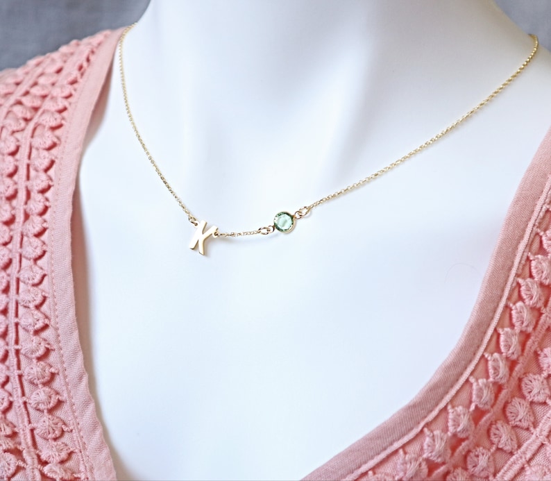 Birthstone Initial Necklace Initial Letter with Birthstone Necklace Silver Gold Christmas Gift Wife Gift Birthday Gift for her
