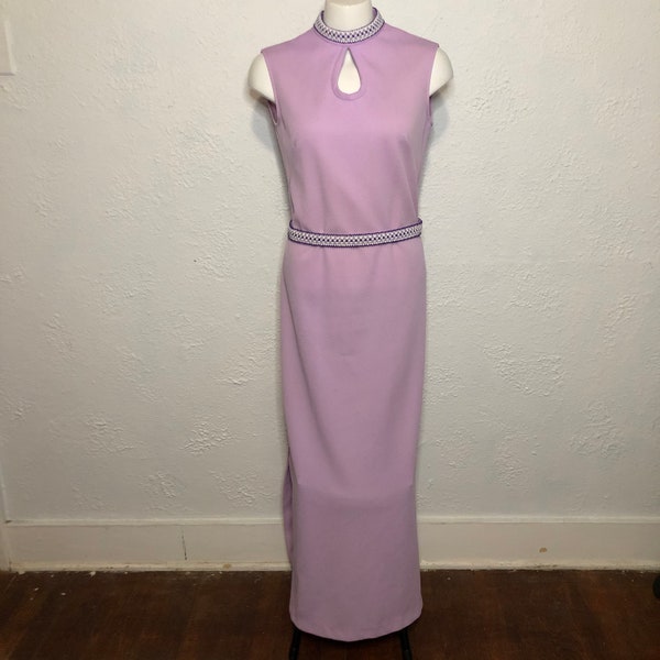 60s Vintage Lavender Maxi Dress Keyhole High Neck Line - size M Medium