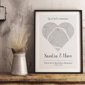 Affiche lieu de rencontre carte couple, affiche couple personnalisée avec coeur, lieu de rencontre, affiche plan lieu de rencontre