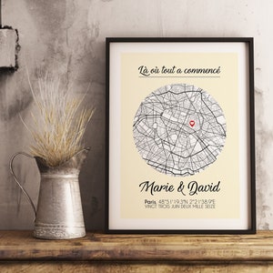 Affiche lieu de rencontre carte couple, affiche couple personnalisée avec coeur, lieu de rencontre, affiche plan lieu de rencontre