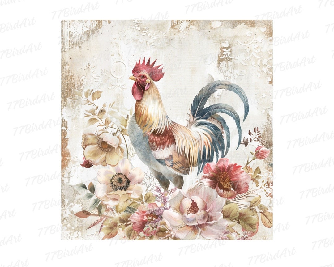 12 Shabby Chic Rooster With Flowers Clipart Bundle, 12 High Quality ...