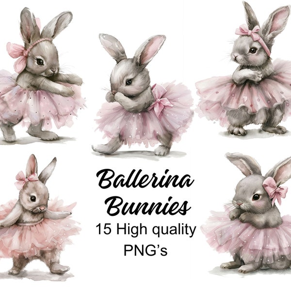 Watercolor Ballerina Bunny Clipart, Ballet Bunnies in Tutu Dress, Dancing Floral Baby Rabbit Png, Pastel Ribbon, Nursery Digital Clip Art