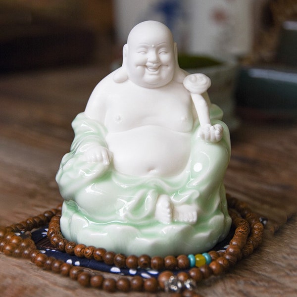 Handmade Jade Color Laughing Budda Statue Ornamanet | Spiritual Religion | Gifting for him or her | Good luck and Happiness