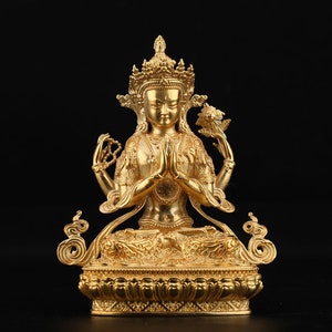 Brass Gold Color Avalokiteshvara Statue | Guan Yin Kwan Yin | Brass Sculputre Ornaments | Religion | Tibetan Buddhist