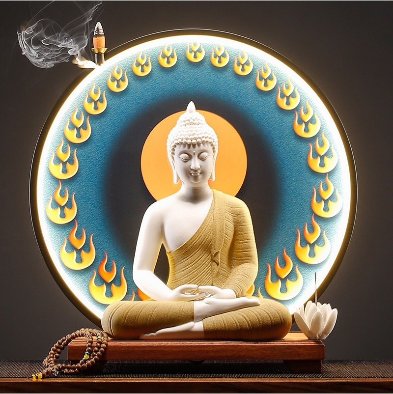 Conjunto decorativo de estatua de Buda Gautama de porcelana con luz LED /  Estatua de Buda / Buda Shakyamuni / Meditación / Quemador de incienso -   España