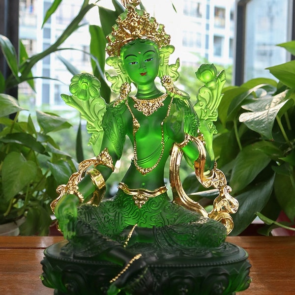 Liu Li Green Tara Buddha Statue with Gold Coating | Gift for him or her | Liu li Glass Sculputre Ornaments | Religion