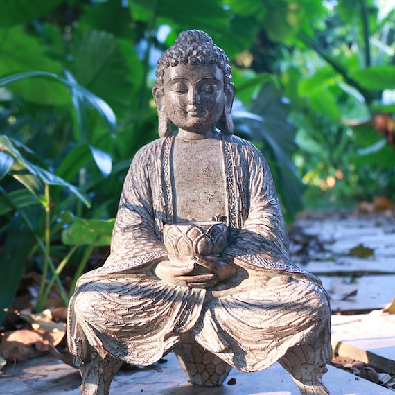 Grande statue Bouddha jardin avec lumières solaires Figurine cour