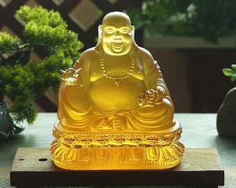 Liu Li Glass Amber Color Laughing Budda Statue | Ornament | Happiness Buddha | Good luck and Blessings