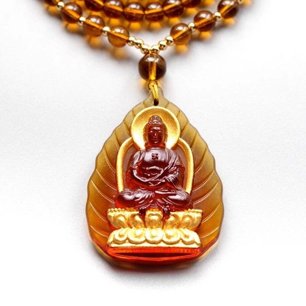 Liu Li Shakyamuni Amitabha Buddha Amulet Pendant Medallions Beaded Necklace | Meditation and Blessing | Protection | Gautama | The Buddha